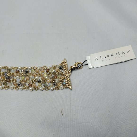 Ali Khan beaded bracelet with gold links. color pearl-opal-hematite-champagne - Picture 3 of 4